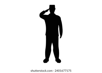 Silhouette of military man front view giving military salute at parade dedicated to Veterans Day. Black outline of soldier in uniform. Simple black and white vector isolated on white background