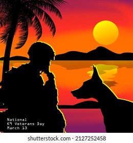 Silhouette of a military man with his best friend's dog at a beautiful sunset, National K9 Veterans Day March 13