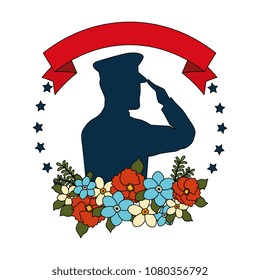 silhouette of military saluting with floral decoration