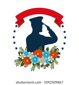 silhouette of military saluting with floral decoration