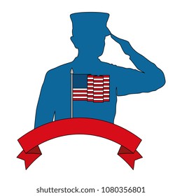 silhouette of military saluting with USA flag