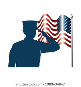 silhouette of military saluting with USA flag