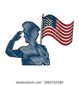 silhouette of military saluting with USA flag