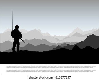 Silhouette of military with weapons mountain, background