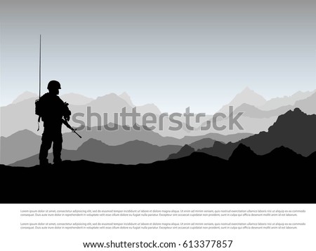 Silhouette of military with weapons mountain, background