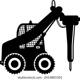 Silhouette of Mobile Quarry Truck with Hydraulic Jack Hammer Icon in Flat Style. Vector Illustration