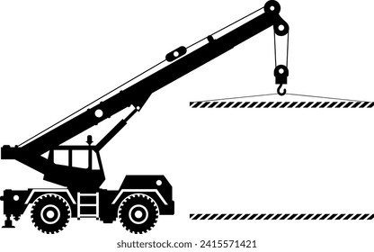 Silhouette of Mobile Wheel Crane with Poster Icon in Flat Style. Vector Illustration