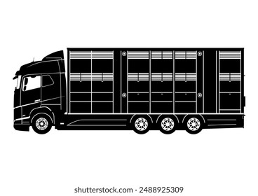 Silhouette of modern 4 axle unit livestock and cattle transport truck. Vector.