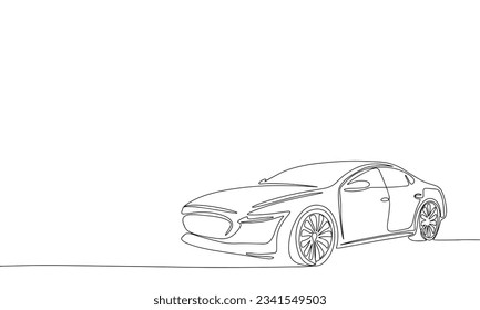 Silhouette of modern auto. One line continuous concept banner with modern car. Outline, line art, vector illustration.