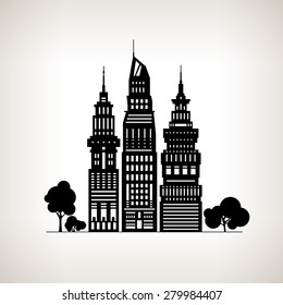 Silhouette Modern Big City with Buildings and Skyscraper, Architecture, City Financial Center on a Light Background ,Black and White Vector Illustration