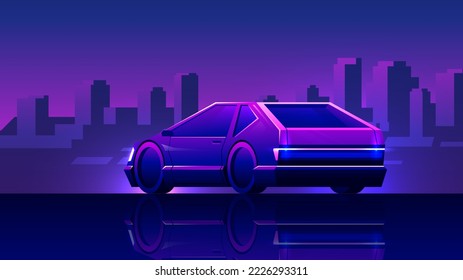 Silhouette of a modern car back view on a beautiful evening city background.