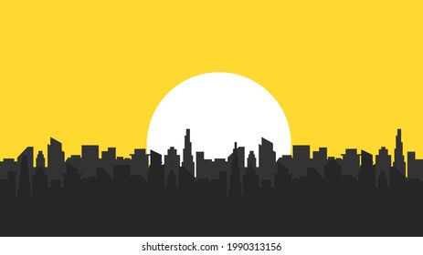 Silhouette of a modern city. City landscape with a lot of sun. Vector illustration in flat style
