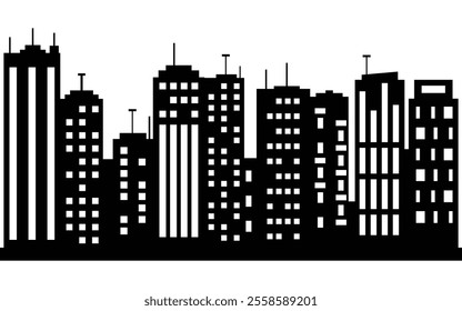 Silhouette of Modern City Skyline with High-Rise Buildings in Black and White
