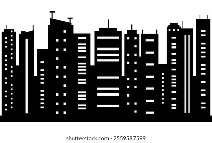 Silhouette of a Modern City Skyline with High-Rise Buildings in Black and White  
