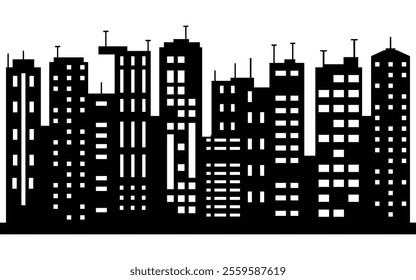 Silhouette of Modern City Skyline with High-Rise Buildings Isolated on White Background
