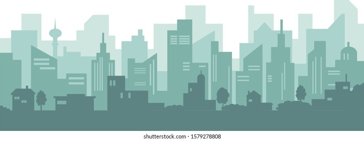 Silhouette of modern city with skyscraper and old houses. Vextor illustration.