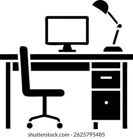 Silhouette of a modern desk workstation with computer and office equipment design
