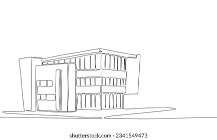 Silhouette of modern house. One line continuous concept banner with modern building. Outline, line art, vector illustration.