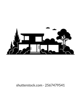 Silhouette of a Modern House with tree in a vintage-style vector illustration Design.