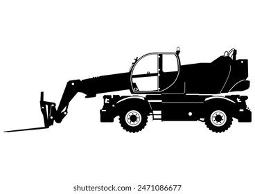 Silhouette of a modern rotating telehandler. Side view of telescopic handler. Vector.	