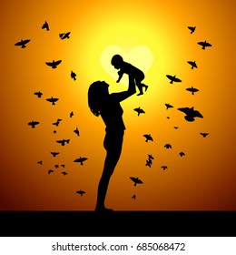 Silhouette of mom with baby on hands. Vector