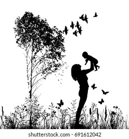 Silhouette of mom with baby on hands. Vector