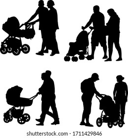 silhouette of mom, dad and pram