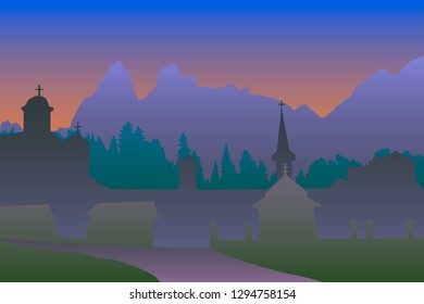 Silhouette of the monastery on the background of mountains and sunset sky