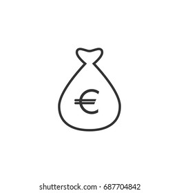 Silhouette of Money bag with black outline with black euro sign. Bagful Of Money. Wealth symbol. Vector flat illustration. Income pictogram isolated on white