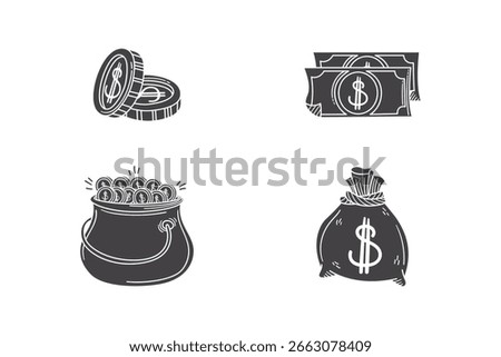 Silhouette Money Icon Set – Solid Black Vector of Coins, Cash, Money Bag, and Treasure Pot