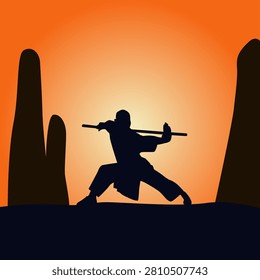 Silhouette of a monk practicing wushu movements using a stick on a mountain, kungfu silhouette