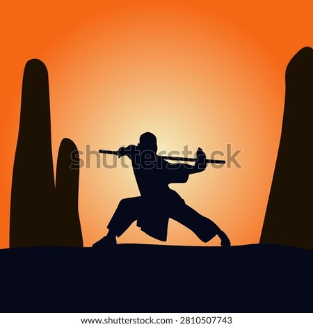 Silhouette of a monk practicing wushu movements using a stick on a mountain, kungfu silhouette