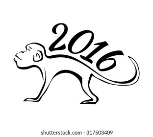 Silhouette of the monkey and 2016  isolated on white background. Design of the calendar. Vector illustration.