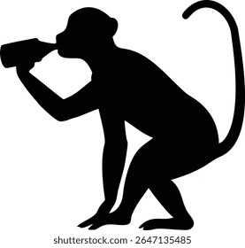 Silhouette of a monkey drinking from a bottle on white background illustration