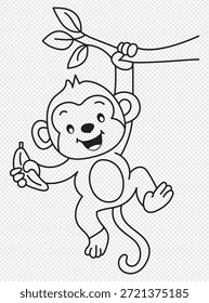 Mono de la silueta que cuelga del animal del primate de la rama. Ilustración animal juguetona, diseño del estilo de la historieta, carácter de la vida silvestre, tema de la selva, gráfico decorativo, Arte vectorial