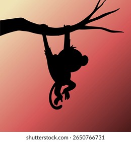 Silhouette of Monkey Hanging from Tree Branch on Gradient Background in Jungle Wildlife Scene