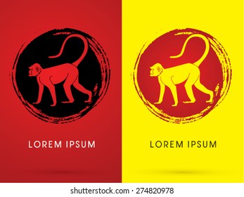 Silhouette Monkey, on cycle grunge brush background, sign ,logo, symbol, icon, graphic, vector.