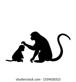 Silhouette of Monkey and young little Monkey. Vector illustrator