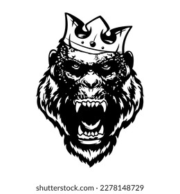 Silhouette of a Monkey's head with a crown. A wild primate with bloody fangs. Black and white. Vector illustration on a white background.