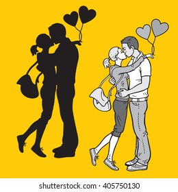 Silhouette and monochromatic illustration of lovers kissing 
