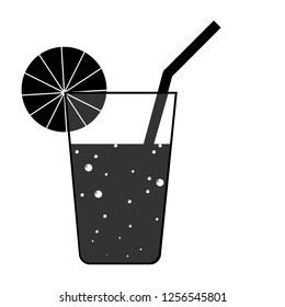 Silhouette monochromatic image of a glass with a drink, a slice of citrus fruit and a straw