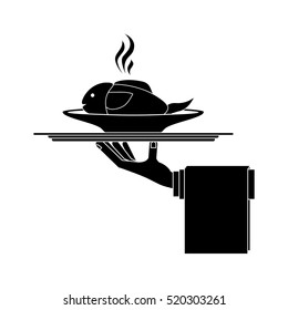 silhouette monochrome dish with hot fish in tray