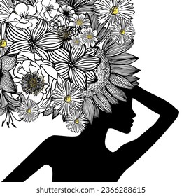 Silhouette monochrome of a girl on her head with flowers. Illustrat3. Vector illustration