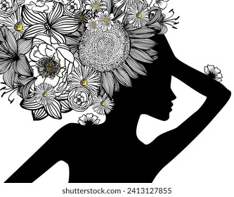 Silhouette monochrome of a girl on her head with flowers. hand drawing. Not AI, Vector illustration