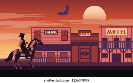 silhouette and monochrome scenery cowboy come to cowboy village on sunset time,vintage red color style,vector illustration