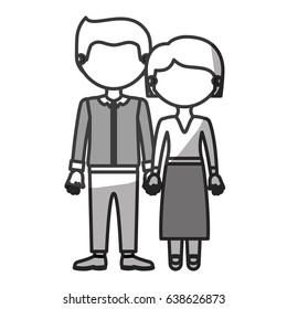 silhouette monochrome shading faceless couple woman blouse and skirt with man in formal suit and taken hands vector illustration