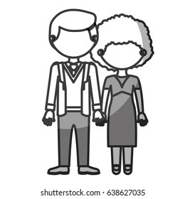 silhouette monochrome shading faceless couple curly woman with dress and man in formal suit with taken hands vector illustration