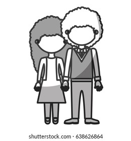 silhouette monochrome shading faceless curly couple woman with dress and man with bowtie and taken hands vector illustration