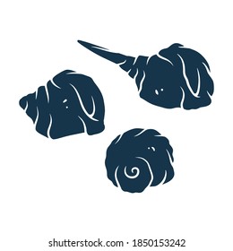 Silhouette monochrome stylized hand drawn seashell on the beach