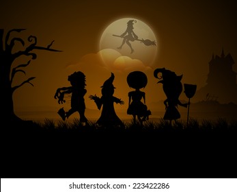 Silhouette of monster and witch group for Halloween party celebration concept on scary night view background.